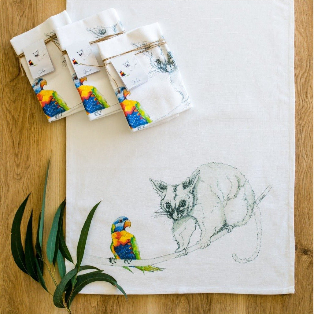 Jules Lawson Nature Artist Tea Towel Possum Lorikeet